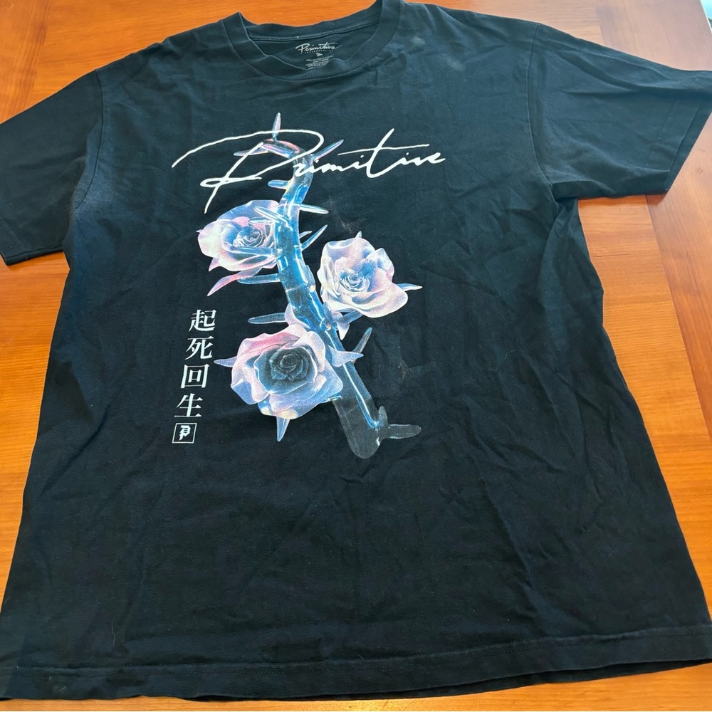 Black Primitive Skateboards Shirt w/ Blue and Pink Roses Japanese Large
